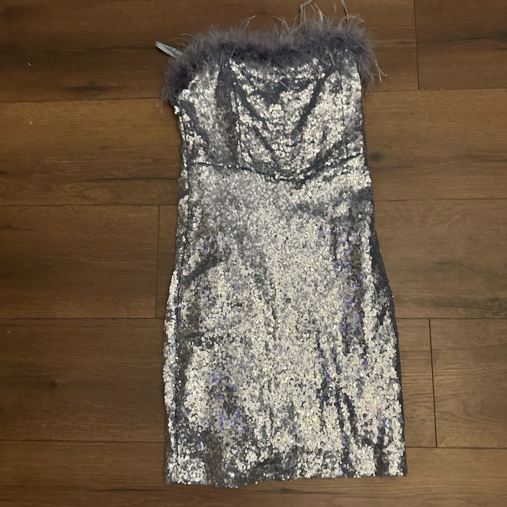 Honey and Rosie Glittering Strapless Dress with Feather Trim